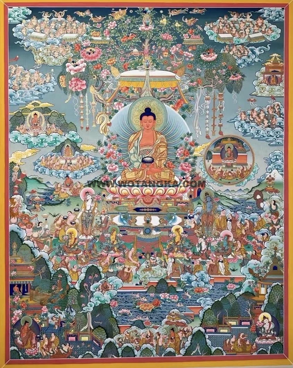 |已结缘·可定制|唐卡寄卖编号:JM·188-833361-阿弥陀佛西方极乐世界七宝树莲花池吉祥供养图(彩唐)