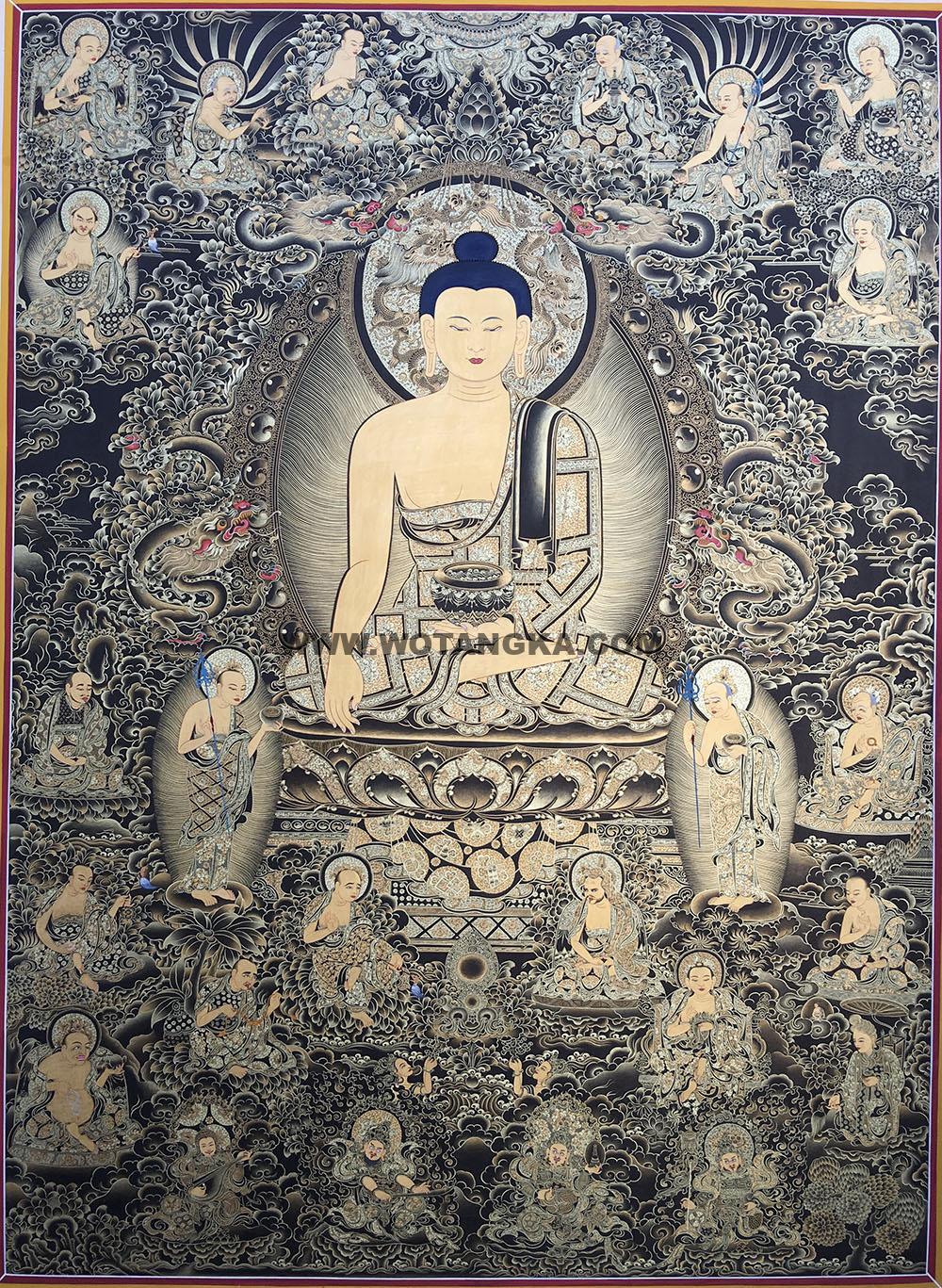 热贡-东智加·画院：黑金唐卡-释迦牟尼佛·十八罗汉（120*90CM左右）