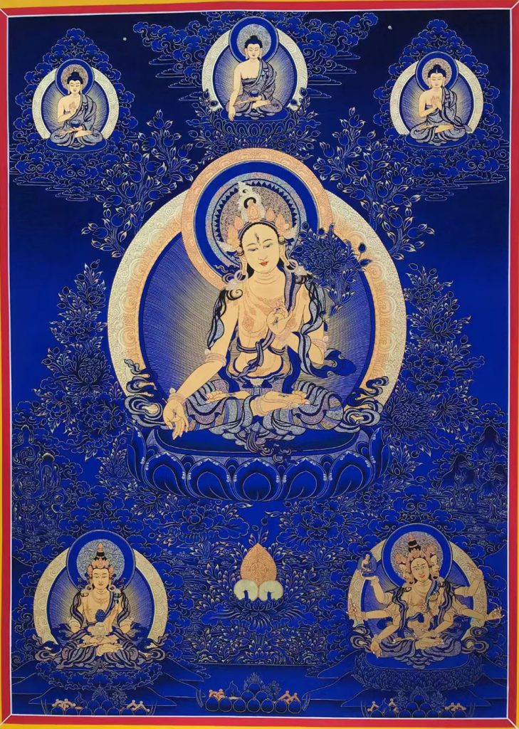 编号188-906709：蓝金唐卡-白度母·长寿三尊（80*60CM左右）