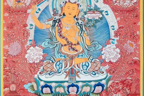 编号188-963248：红金唐卡-文殊菩萨·三怙主（100*70CM左右）