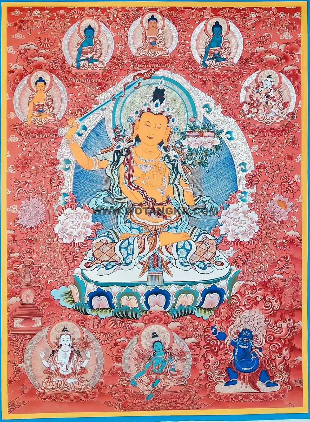 热贡-东智加·画院：红金唐卡-文殊菩萨·三怙主（100*70CM左右）