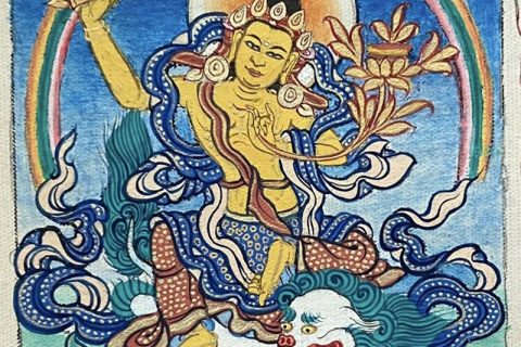 编号118-1309753：彩绘小唐卡-骑狮文殊菩萨（长方形·5*4CM左右）