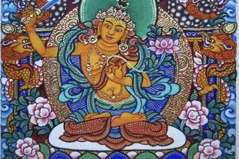 编号118-1324245：彩绘小唐卡-文殊菩萨（长方形·5*4CM左右）