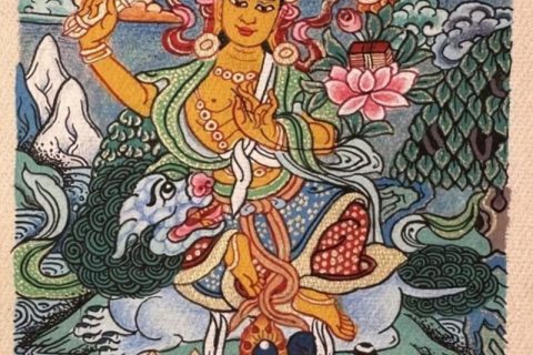 编号118-9301033：彩绘小唐卡-骑狮文殊菩萨（长方形·5*4CM左右）