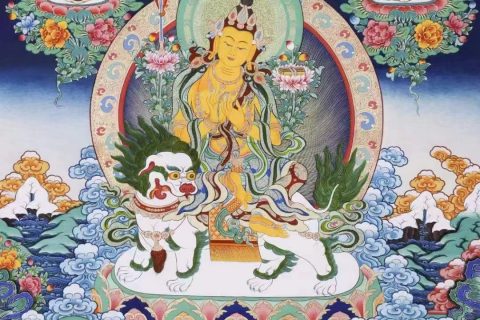 编号138-258558：彩绘唐卡-文殊菩萨·五部文殊（98*65CM左右）