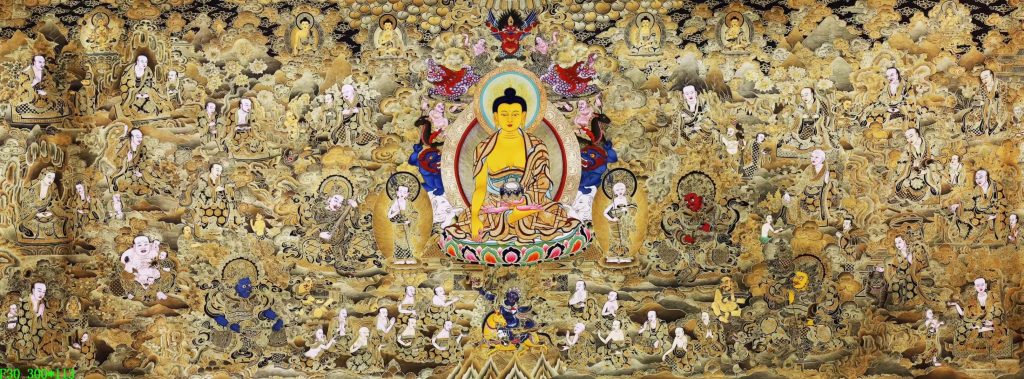 编号138-550569：黑金唐卡-释迦牟尼佛·十八罗汉·四大天王（113*300CM左右）