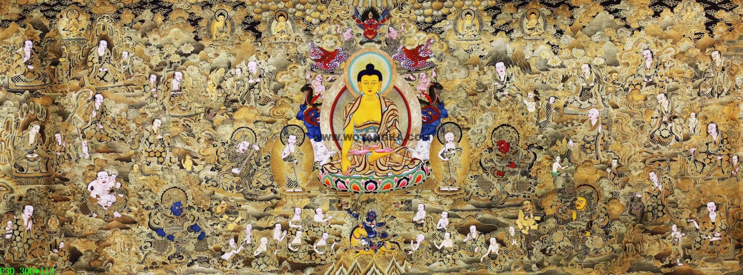 编号138-550569:黑金唐卡-释迦牟尼佛·十八罗汉·四大天王(113*300CM左右)