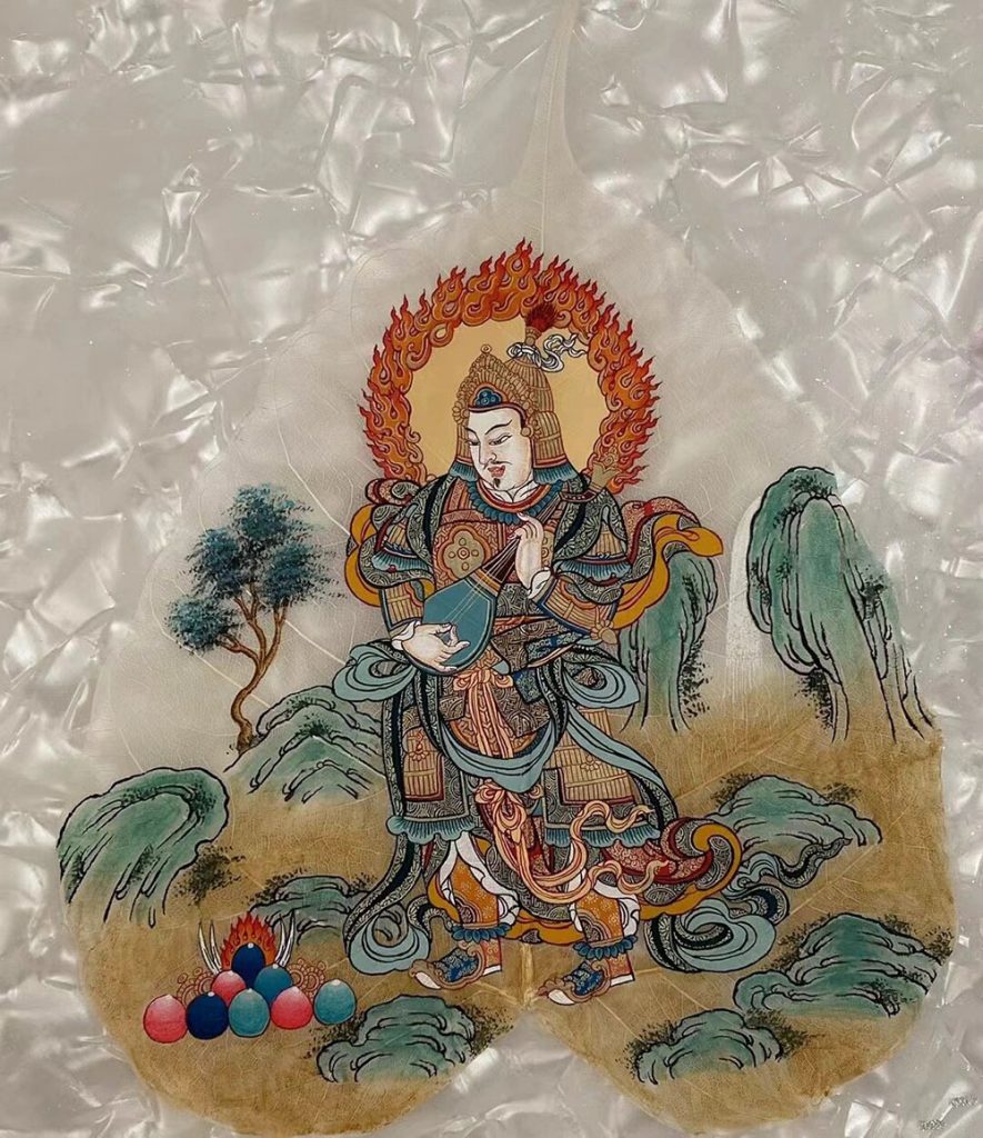 编号168-195102：彩绘唐卡-菩提叶唐卡·四大天王·东方持国天王（18*16CM左右）