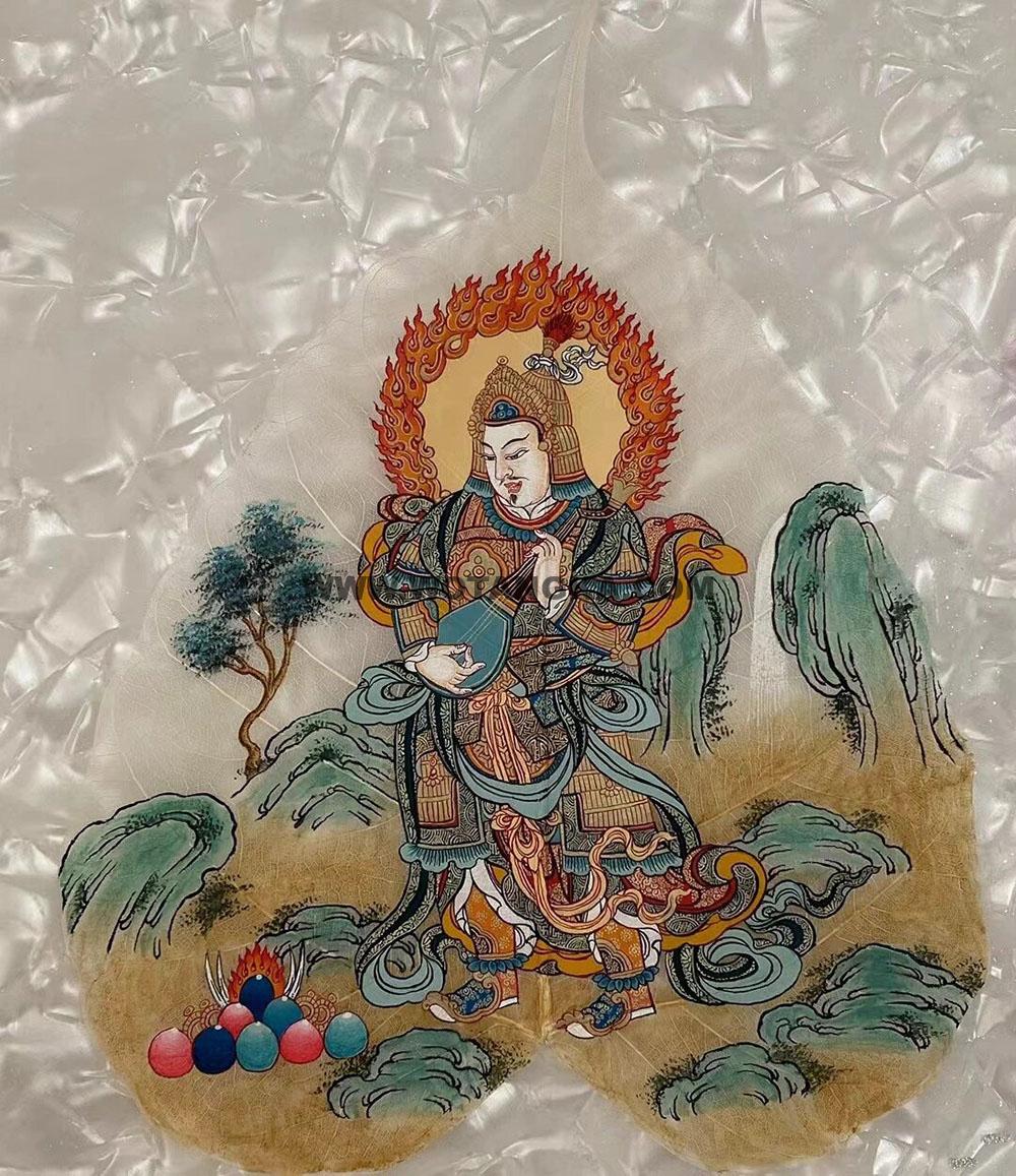 编号168-195102:彩绘唐卡-菩提叶唐卡·四大天王·东方持国天王(18*16CM左右)