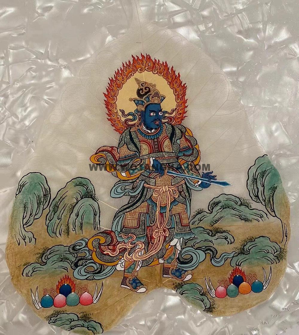 编号168-222202：彩绘唐卡-菩提叶唐卡·四大天王·南方增长天王（18*16CM左右）