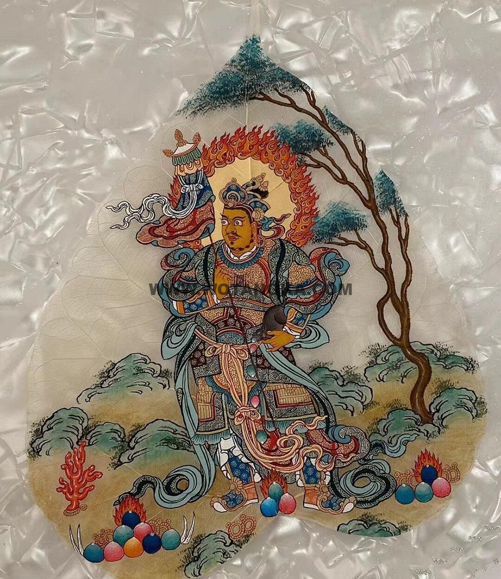编号168-232326:彩绘唐卡-菩提叶唐卡·四大天王·北方多闻天王(18*16CM左右)