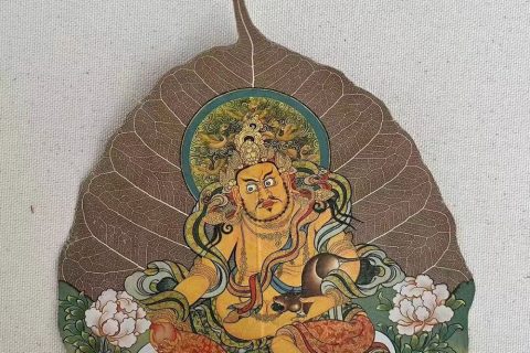 编号168-280118：彩绘唐卡-菩提叶唐卡·黄财神（18*16CM左右）
