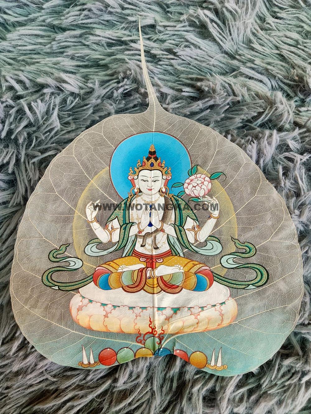 编号168-389202:彩绘唐卡-菩提叶唐卡·四臂观音(18*16CM左右)