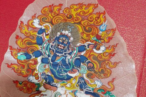编号168-404072：彩绘唐卡-菩提叶唐卡·六臂玛哈嘎拉（18*16CM左右）