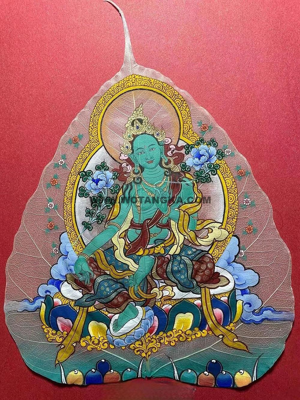 编号168-423346：彩绘唐卡-菩提叶唐卡·绿度母（18*16CM左右）