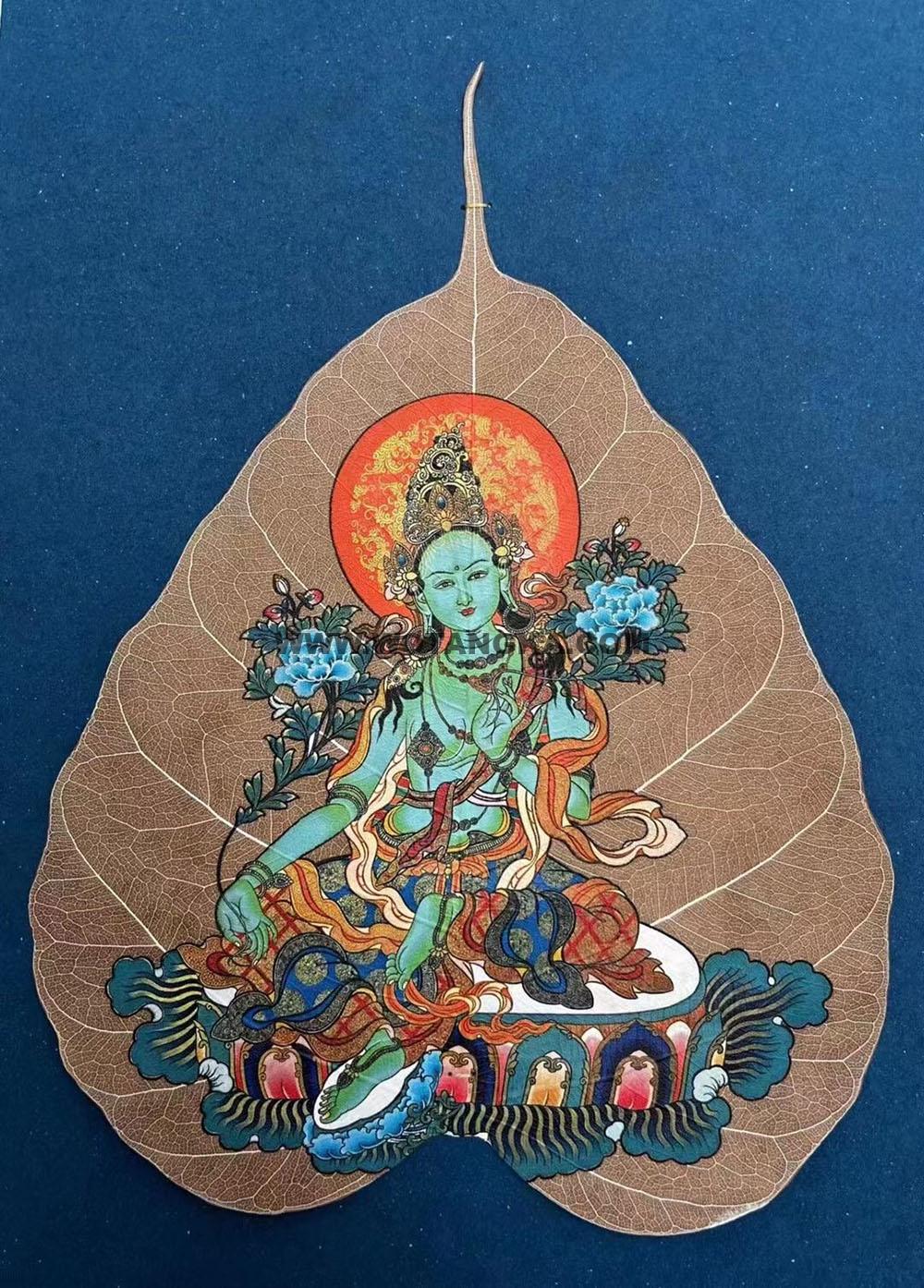 编号168-483071:彩绘唐卡-菩提叶唐卡·绿度母(18*16CM左右)