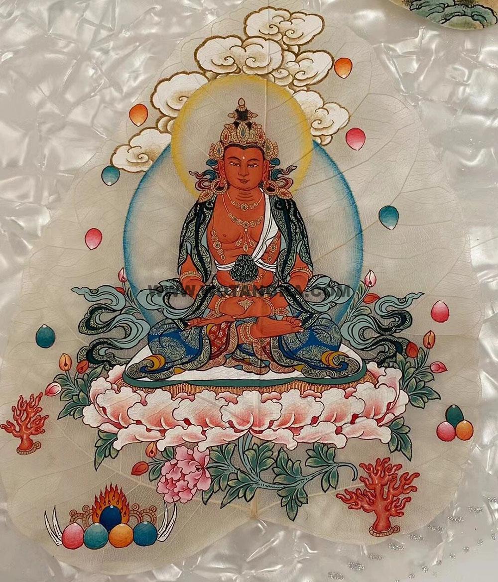 编号168-556824:彩绘唐卡-菩提叶唐卡·长寿佛(18*16CM左右)
