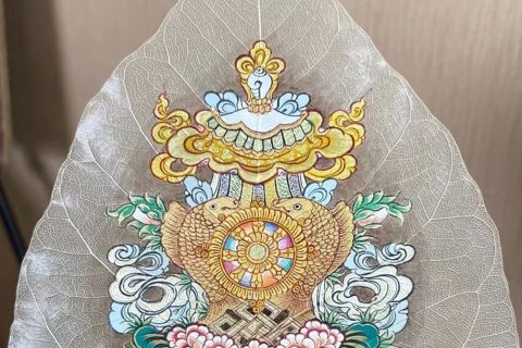 编号168-663660：彩绘唐卡-菩提叶唐卡·吉祥八宝（18*16CM左右）