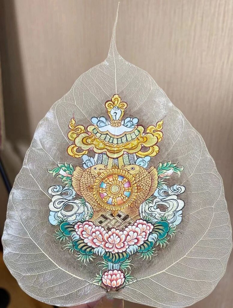 编号168-663660：彩绘唐卡-菩提叶唐卡·吉祥八宝（18*16CM左右）