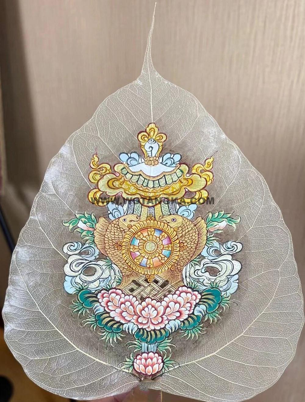 编号168-663660:彩绘唐卡-菩提叶唐卡·吉祥八宝(18*16CM左右)
