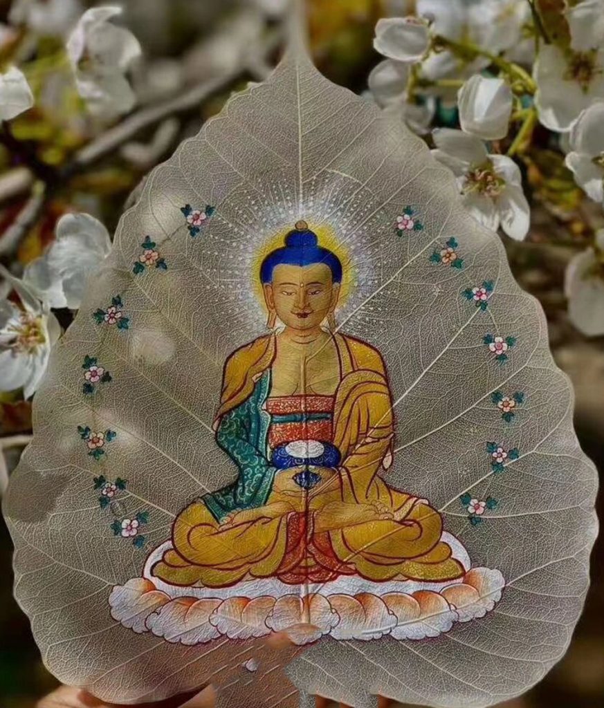 编号168-666428：彩绘唐卡-菩提叶唐卡·阿弥陀佛（18*16CM左右）
