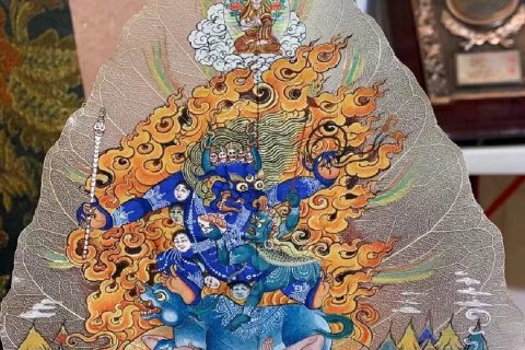 编号168-694959：彩绘唐卡-菩提叶唐卡·外阎罗护法（18*16CM左右）
