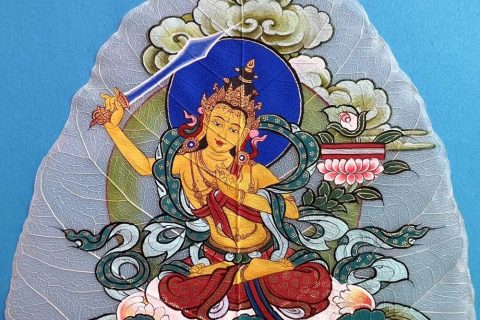 编号168-808141：彩绘唐卡-菩提叶唐卡·文殊菩萨（18*16CM左右）