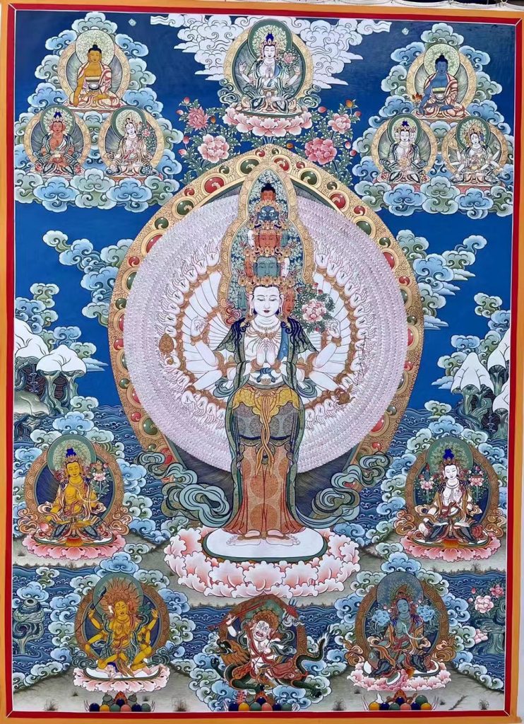 唐卡寄卖编号：JM·188-295503-千手观音吉祥海诸天佛界平安供养图（彩唐