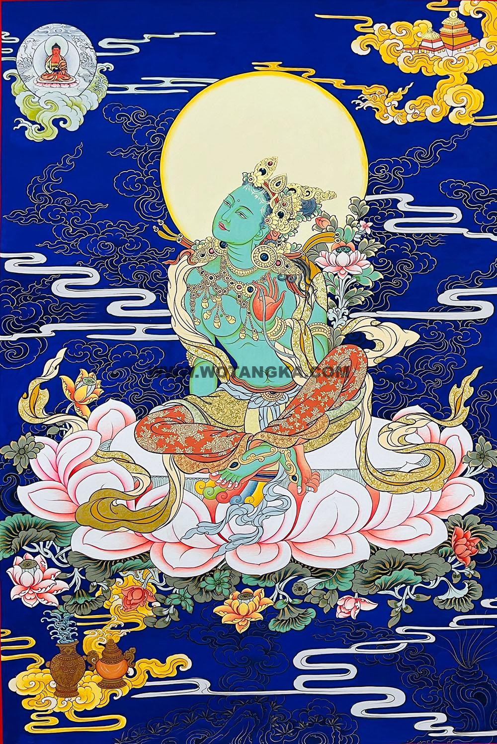 |已结缘·可定制|唐卡寄卖编号:JM·188-516867-绿度母大吉祥莲月光望佛供养图(蓝唐)