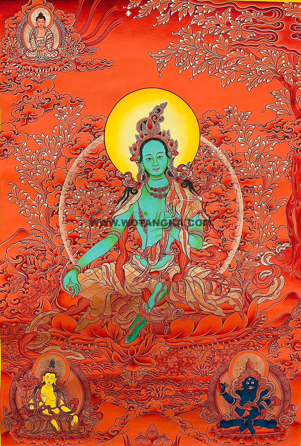 |已结缘·可定制|唐卡寄卖编号:JM·188-536360-绿度母二菩萨阿弥陀如来鸿运净土供养图(红唐)