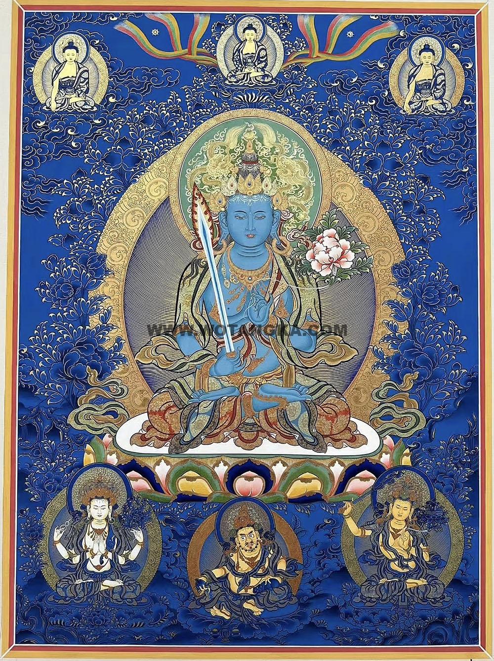 |已结缘·可定制|唐卡寄卖编号:JM·188-641712-虚空藏菩萨悲智二怙主三佛财富供养图(蓝唐)