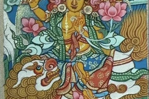 编号118-1330588：彩绘小唐卡-骑狮文殊菩萨（长方形·5*4CM左右）