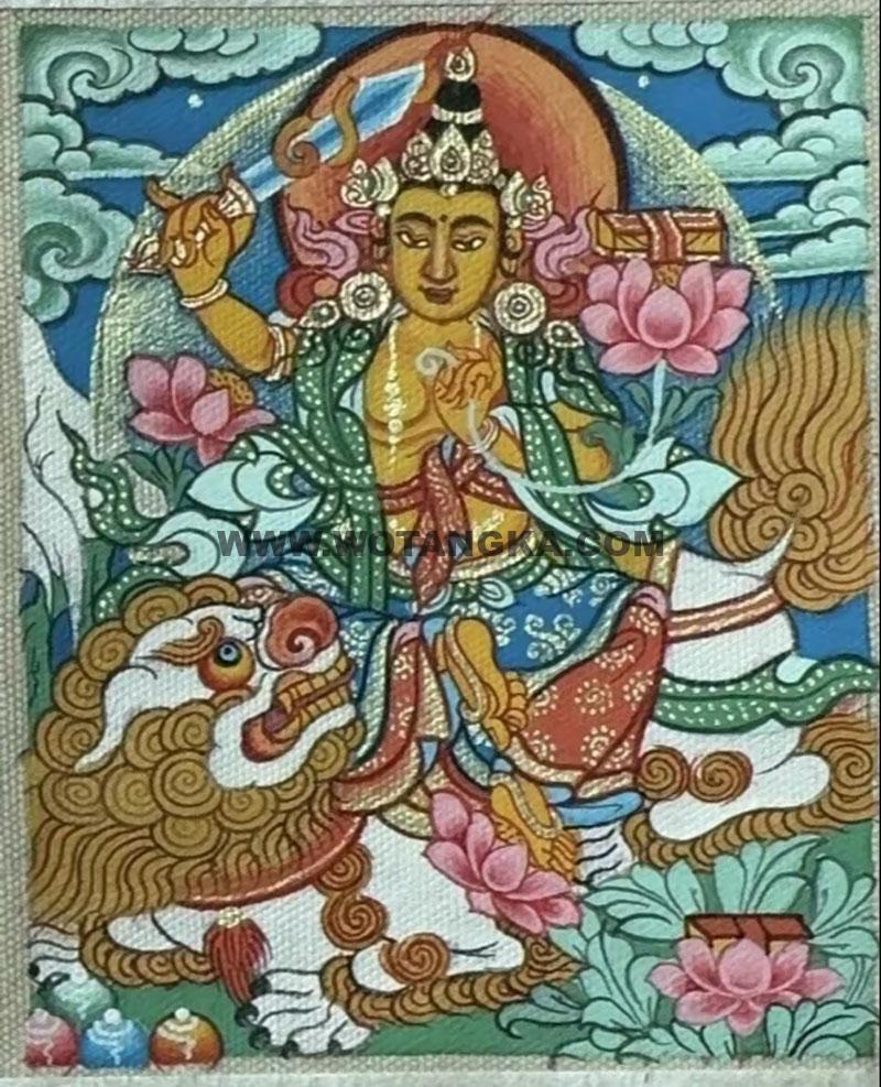 编号118-1330588：彩绘小唐卡-骑狮文殊菩萨（长方形·5*4CM左右）