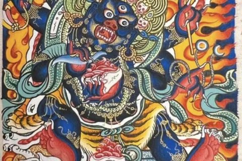 编号118-4221025：彩绘小唐卡-六臂玛哈嘎拉（长方形·5*4CM左右）