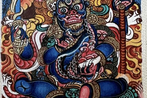 编号118-4669091：彩绘小唐卡-四臂玛哈嘎拉（长方形·5*4CM左右）