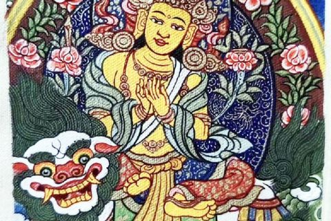 编号118-7444784：彩绘小唐卡-骑狮文殊菩萨（长方形·5*4CM左右）
