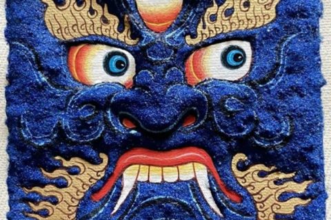 编号118-7730236：彩绘小唐卡-六臂玛哈嘎拉·佛头（长方形·5*4CM左右）