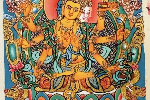 编号118-9328299：彩绘小唐卡-四面八臂文殊菩萨（长方形·5*4CM左右）