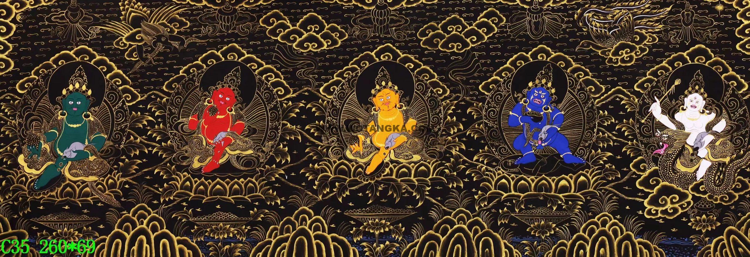 编号138-142199:黑金唐卡-五方财神(69*260CM左右)