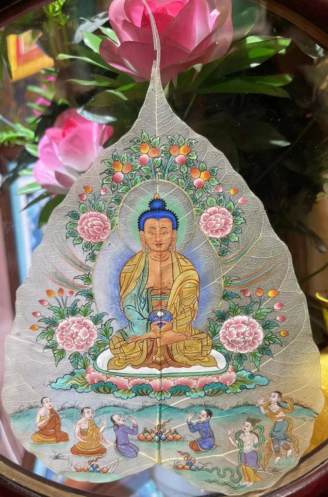 编号168-831190：彩绘唐卡-菩提叶唐卡·阿弥陀佛（18*16CM左右）