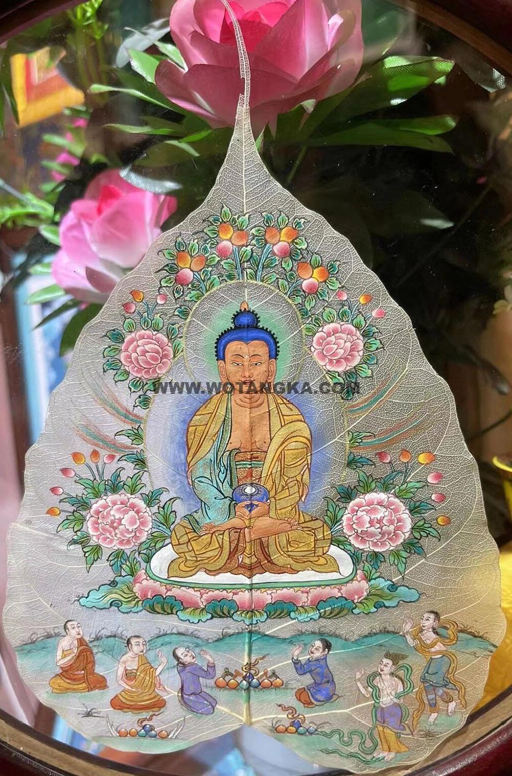编号168-831190:彩绘唐卡-菩提叶唐卡·阿弥陀佛(18*16CM左右)