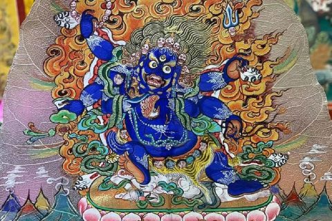 编号168-844330：彩绘唐卡-菩提叶唐卡·六臂玛哈嘎拉（18*16CM左右）