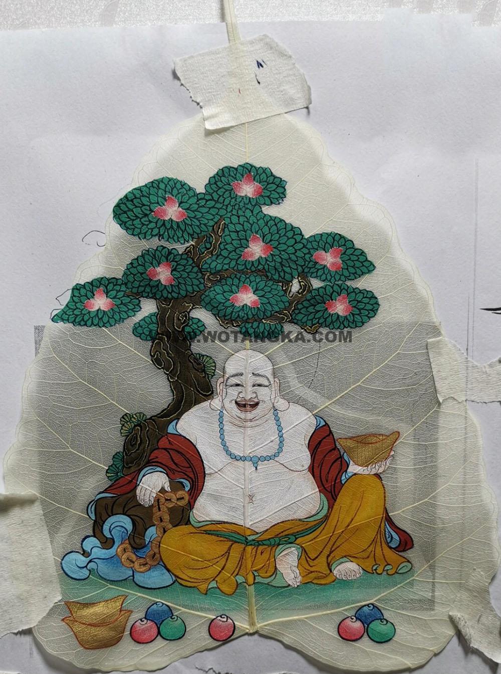 编号168-915580：彩绘唐卡-菩提叶唐卡·弥勒佛（18*16CM左右）