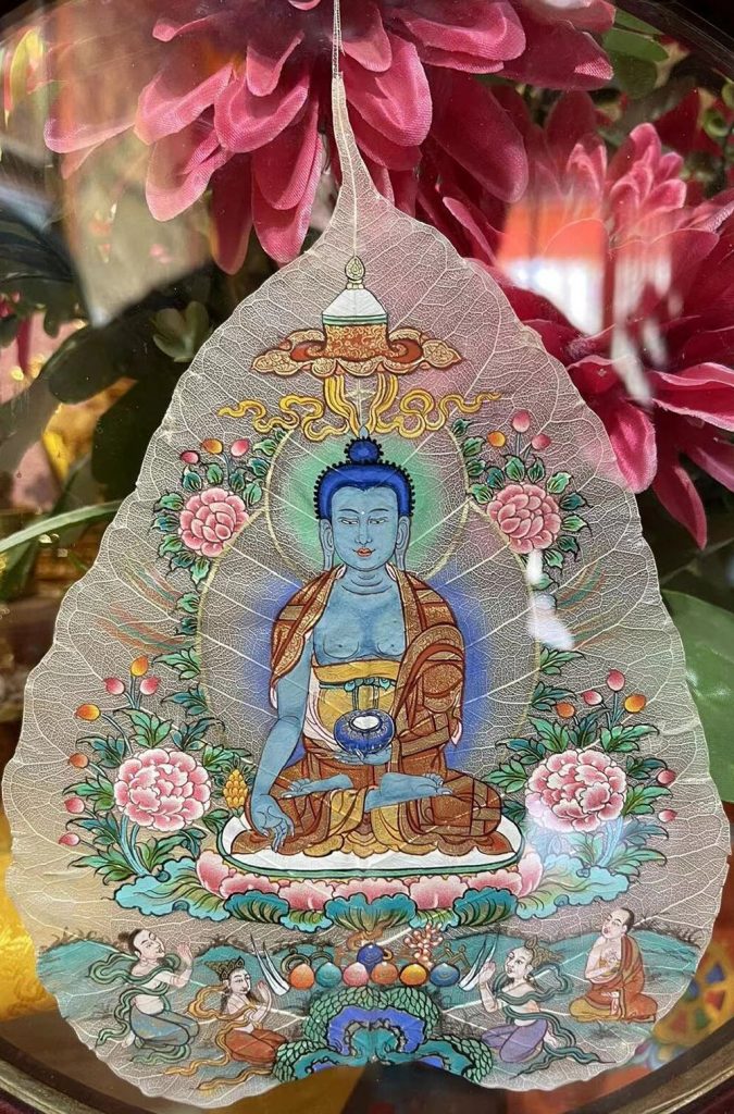 编号168-996886：彩绘唐卡-菩提叶唐卡·药师佛（18*16CM左右）