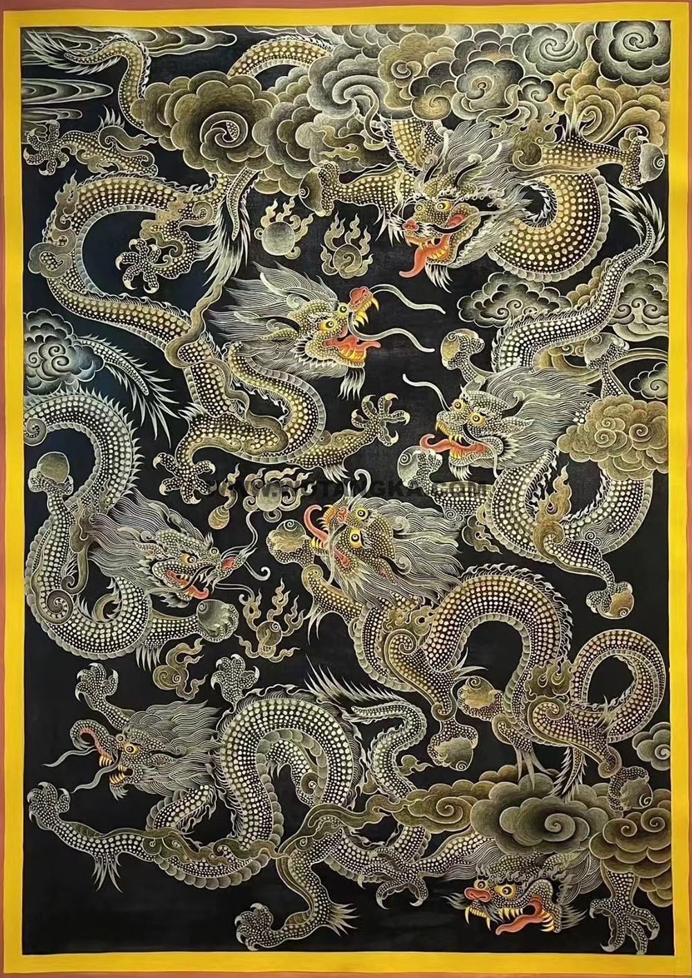 热贡-扎西·画院：黑金唐卡-六龙御天（60*45CM左右）