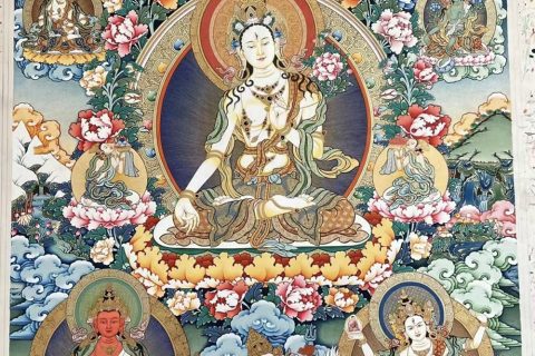 编号188-250859：彩绘唐卡-白度母·长寿三尊（100*70CM左右）