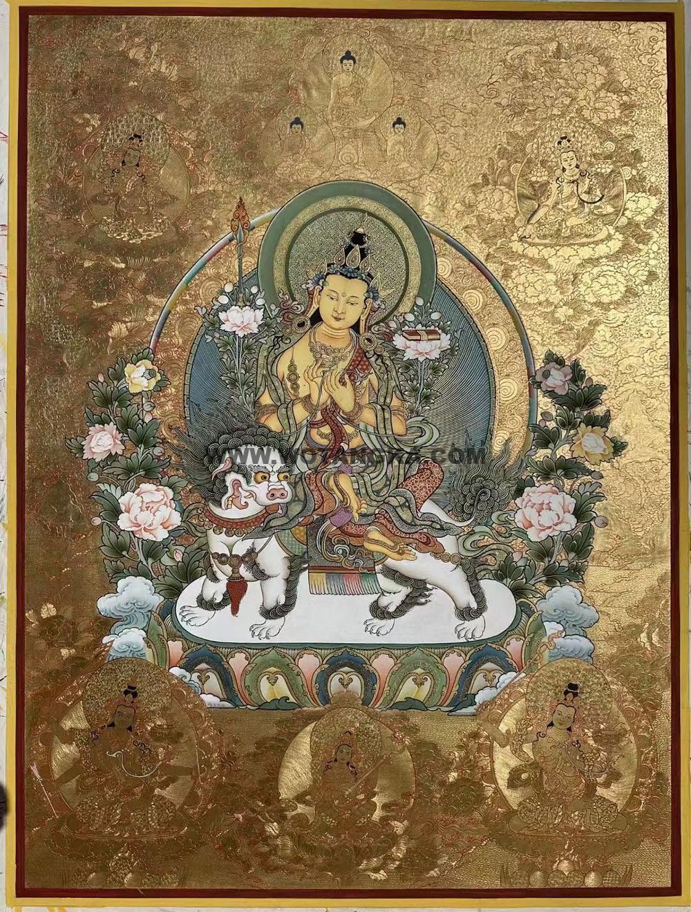 热贡-顿珠诺布·画院:黄金唐卡-文殊菩萨·五部文殊(100*70CM左右)