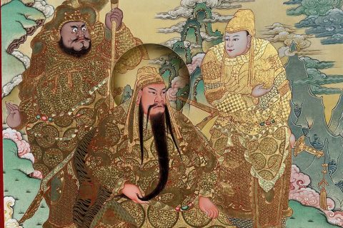 编号188-574338：黄金唐卡-关公·伽蓝菩萨三尊（100*70CM左右）