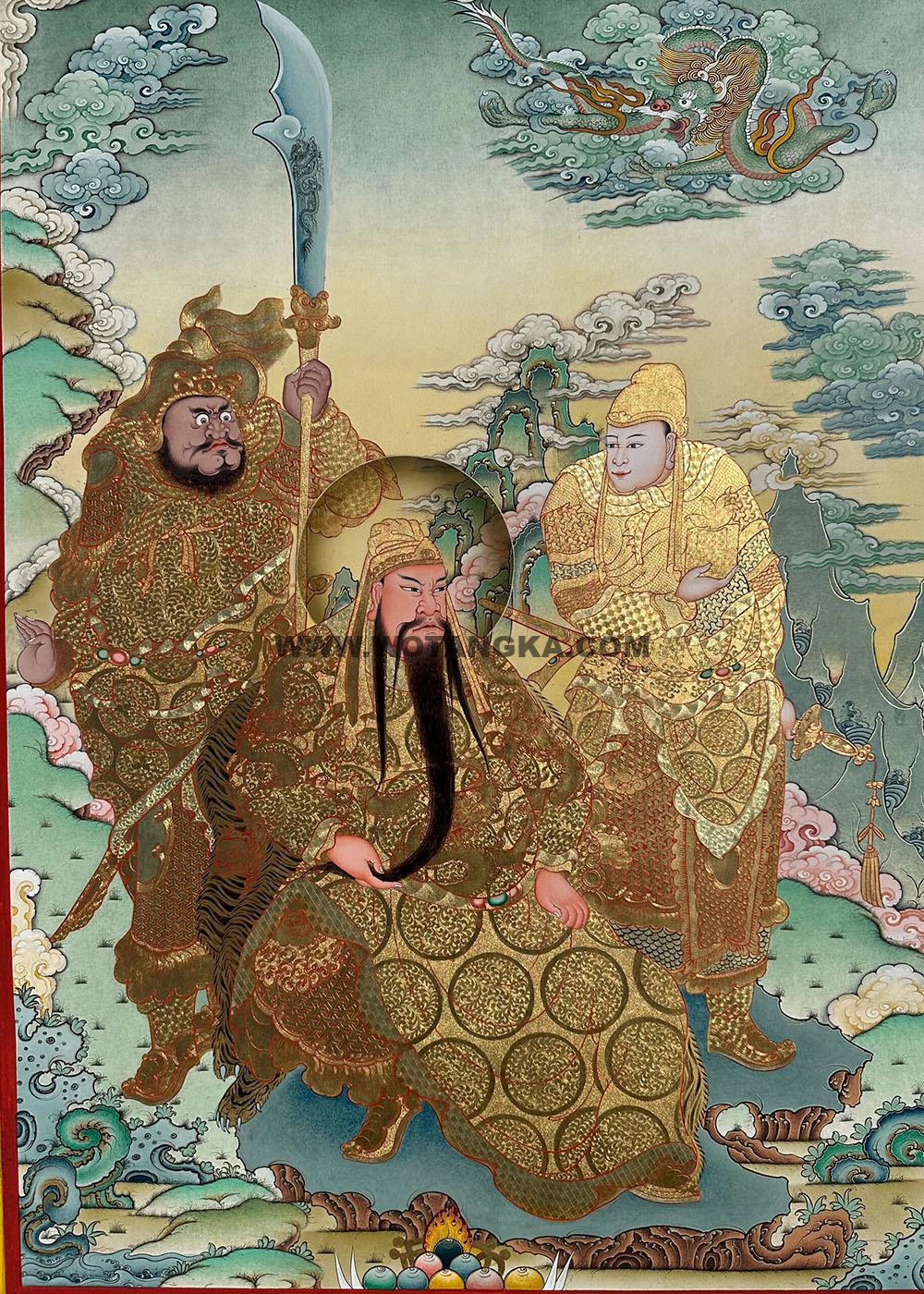 热贡-扎西·画院：黄金唐卡-关公·伽蓝菩萨三尊（100*70CM左右）