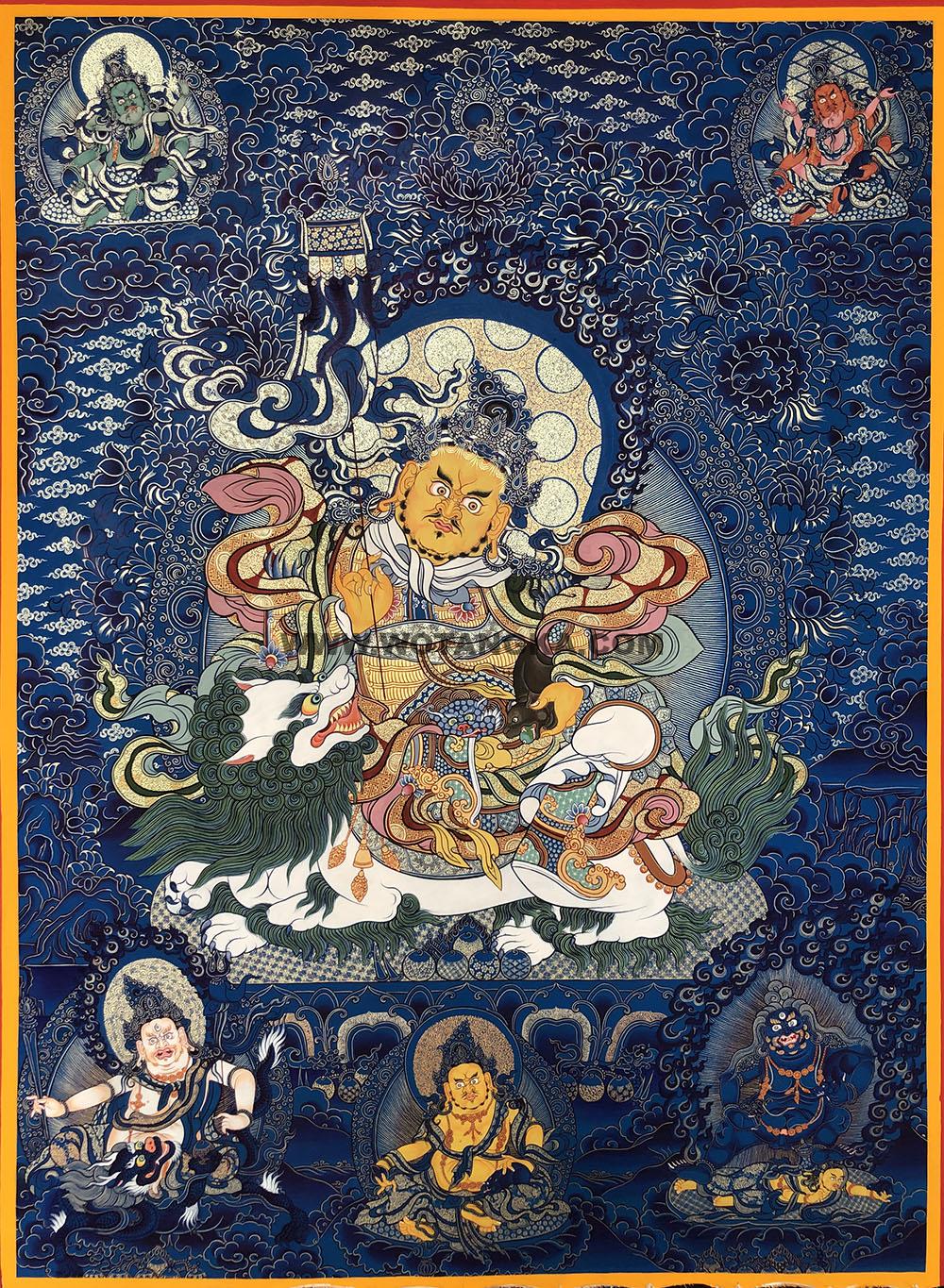 |已结缘·可定制|唐卡寄卖编号:JM·188-886328-财宝天王五色财神众蓝色云纹净土财富供养图(蓝唐)